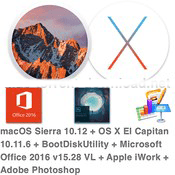 macOS Sierra 10.12 + OS X El Capitan 10.11.6 + BootDiskUtility + Microsoft Office 2016 15.28 VL + Apple iWork + Adobe Photoshop